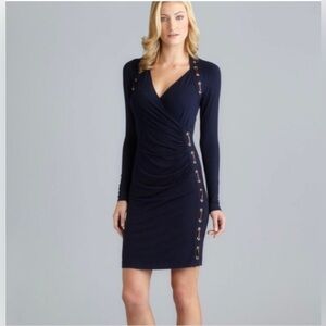 Carmen Marc Valvo Black Ruched Faux Wrap Dress